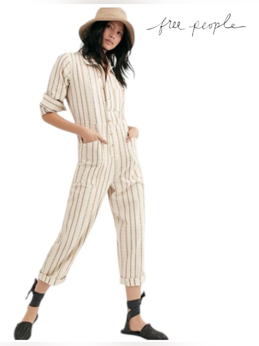 Free People Cream Striped Bohemian Artsy Old Money Utilitarian Jumpsuit Small